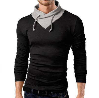 

Mens Fashion Long Sleeve T-shirt Dress Color Stitching Collar Unique Sling Design Casual T Shirt