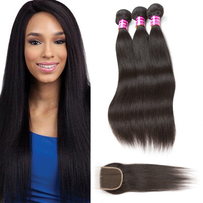 

Glary Indian Human Hair Straight with Closure Virgin Hair 3 Bundles with Closure Natural Color