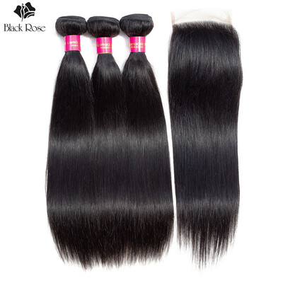 

8A Unprocessed Brazilian Straight Hair 3 Bundles with Closure Natural Black Straight Hair Bundles with Closure