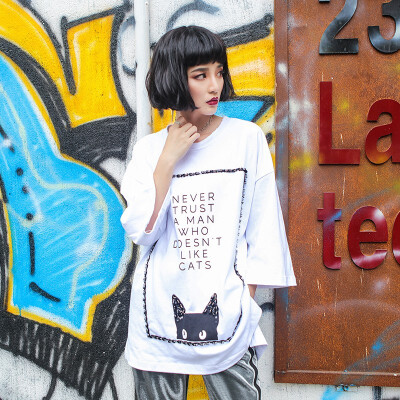 

2018 Spring Trend Letter Print T-shirt Female Three Quarter Sleeves Loose Long Thin O-neck T Shirt