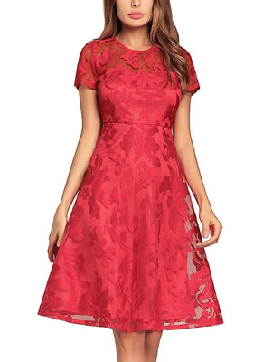 

Sheer Lace Pleated O Neck Short Sleeve High Waist Swing Dress