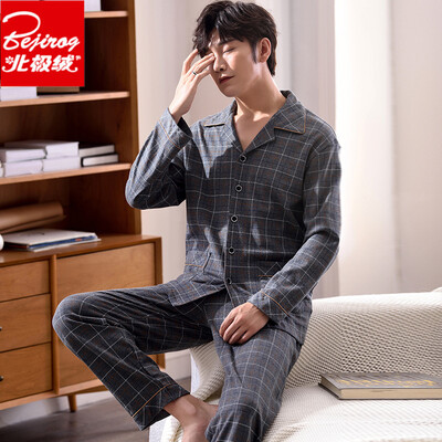 

Bejirog Pajamas Mens Cotton Lapel Thickening Cotton Casual Home Service Cotton Pants Two-piece Set 8803 Gray