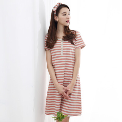 

Top Guagua Pajamas Women Summer Cotton Short Sleeve Home Skirt t80306 Red Stripes 170