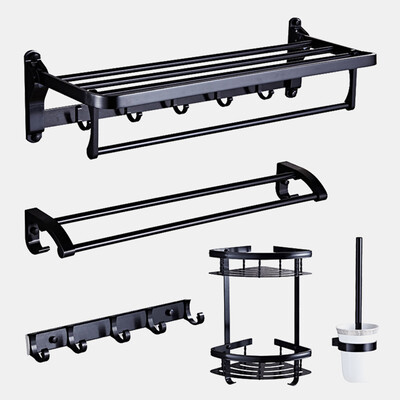 

FOOJO Free Punch Towel Rack Bathroom Pendant Set Black European Bathroom Space Aluminum Rack Towel Rack Hardware Bathroom 5 Piece Set