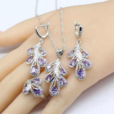 

925 Sterling Silver Jewelry Sets For Women 4 Colors Cubic Zirconia Necklace Pendant Earrings Rings Free Gift Box