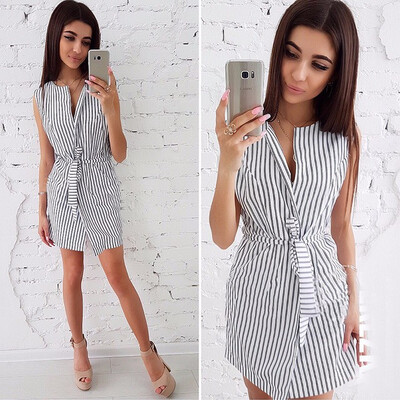 

Summer New Ladies Stripe Print Dresses Casual V-Neck Sleeveless Loose Dress