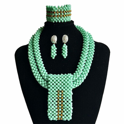 

2 Rows Light Green Bridal Crystal Beaded Statement Necklace Jewelry African Wedding Beads Nigerian Jewelry Set For Women Party