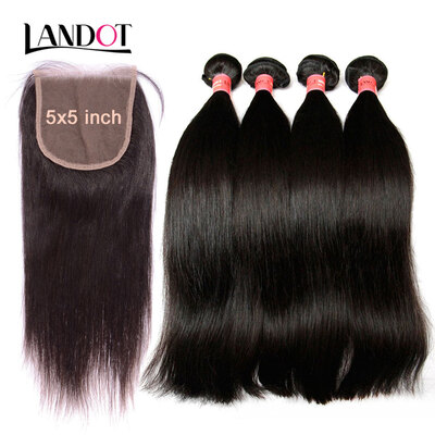 

9A 5x5 Lace Closure With 3 Bundles Malaysian Straight Virgin Hair 4Pcs Lot Unprocessed Human Hair Weaves And Closure Natural Color