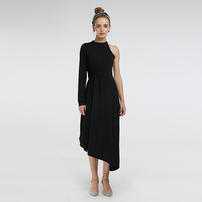 

Summer New Black Single-side Long-sleeved Long Black Dress Elastic High Waist Slim Fashion Midi Womens Dress