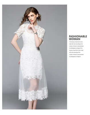 

S M L XL XXL vintage lace new summer 2018 long dress women short sleeve white bandage hollow out mid calf elegant