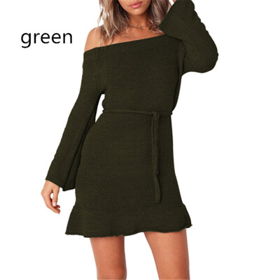 

2018 Womens Long Sleeve Casual One Word Collar Dress Sweater Skirt