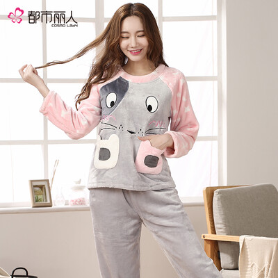 

Cosmo Lady pajamas female cute cartoon ladies home service autumn&winter warm long sleeve suit coral velvet pajamas 1H7108