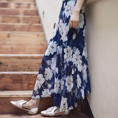 

Women Elegant Chiffon High Waist Floral Print Skirts Trumpet With Elastic Waist Casual Long Summer Skirt With Ruffles Decoration