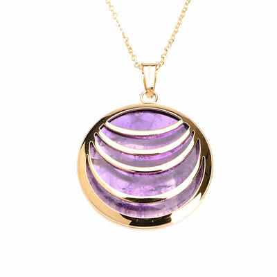 

Round Circle Lines Purple Quartz Crystal Pendant Stainless Steel Necklaces 17"