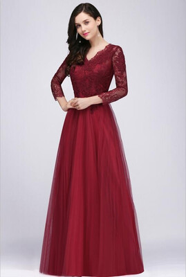 

Sexy V Back Long Sleeve Lace Evening Dresses 2018 Chiffon Evening Gowns