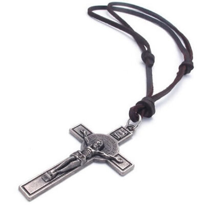 

Hpolw Mens Vintage Style Jesus Crucifixion Cross Pray Pendants Brown Genuine Leather Cord Necklace Chain,Christmas present