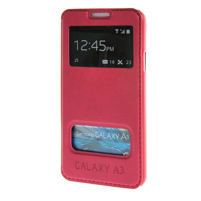 

MOONCASE Samsung Galaxy A3 Case View Leather Flip Pouch Bracket Back Cover Hot pink