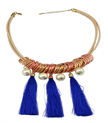 

idealway Bohemian Tassel Statement Fashion Blue Rope Pendant Pearl Jewelry Leather Chains Bib Collar Chokers Necklace