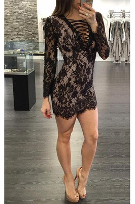 

Sexy Women Lace Dress Deep V Neck Crisscross Bandage Long Sleeve Slim Bodycon Mini Dress Homecoming Dress