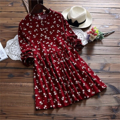 

2018 Long Sleeved Spring All Match Fashion Small Flowers Print Floral Fashion Corduroy Woman Dress