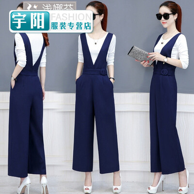 

Strap wide pants suit female quarter waist professional black jumpsuit loose casual pants