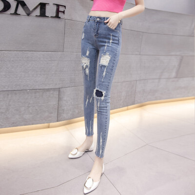 

2018 Spring Autumn Korean Style New Slim Was Thin Hole Jeans Women Tight High Waist Elastic Pencil Pants Women