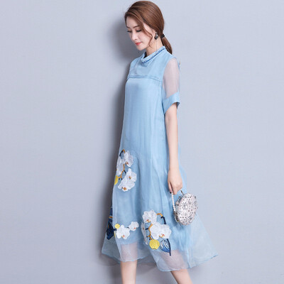

Summer New Beauty Floral Embroidery Womens Dresses Elegant Style Silk Dress