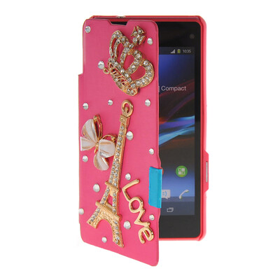 

MOONCASE Rhinestone Crystal Ultre Slim Leather Side Flip Wallet Back ЧЕХОЛ ДЛЯ Sony Xperia Z1 Compact (Mini) Hot pink