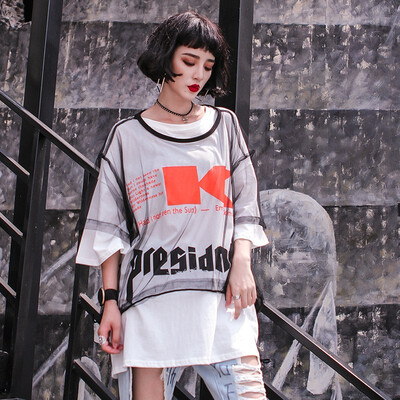 

2018 Womens Short-sleeved T-shirt Womens Loose Street Fashion Bf Printing Mesh Top T Shirt