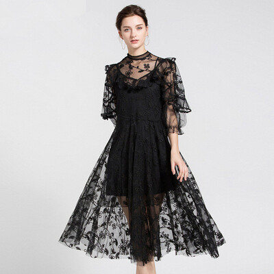 

Tulle Womens Dress Embroidery Puff Sleeve Tunic High Waist Palazzo Midi Dresses 2018 Summer Fashion Vintage New