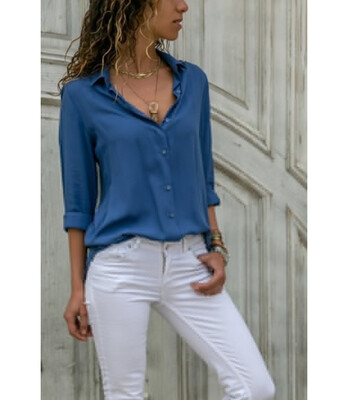 

2018 Womens Fashion Solid Color Roll Sleeve Shirts Casual Tops Blouse