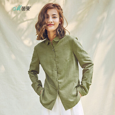 

INMAN 2018 autumn new linen cotton dark jacquard small shirt collar basic shirt female 18830VP11403 dark green S