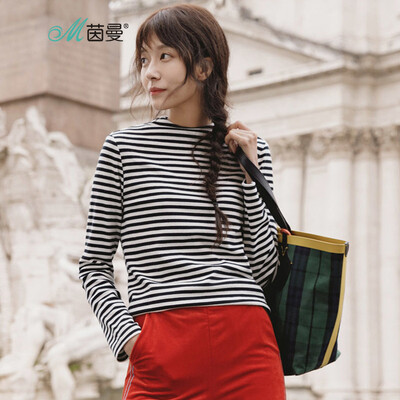 

INMAN 2018 autumn new wild striped half-high collar comfortable long-sleeved shirt T-shirt female 18830VP21027 pink