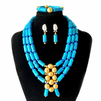 

3 Rows Blue Imitation Coral Jewelry Bride Bridal African Costume Beads Jewelry Necklace Nigerian Wedding Beads Jewelry Set