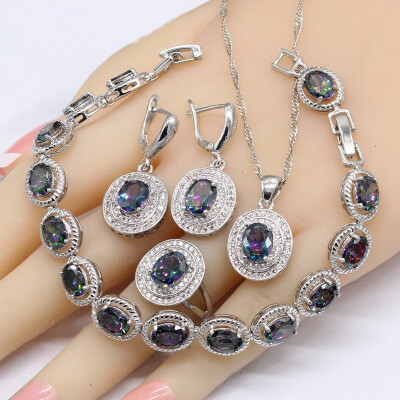 

Oval Rainbow White Topaz 925 Sterling Silver Jewelry Sets For Women Bracelet Earrings Necklace Pendant Rings