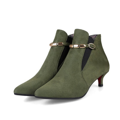 

IDIFU Womens Dressy Faux Suede Buckle Strap Elastic Pointed Toe Kitten Heel Ankle Booties