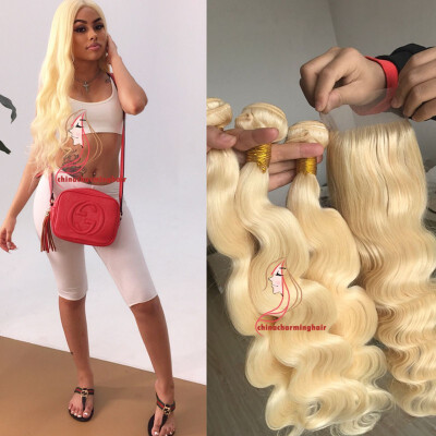 

3 Bundle Hair with Lace Closure Body Wave Brazilian Virgin Human Hair Extensions Color 613 Blonde