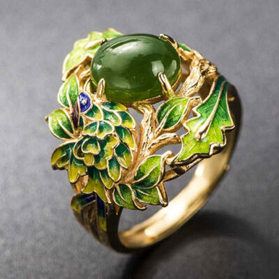 

Jade ring national wind s925 silver gilt jewelry baking blue process green leaf opening ring female