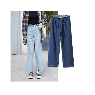 

Jeans women elastic waist wide leg straight Korean version of thin section high waist spring&summer autumn loose nine pants