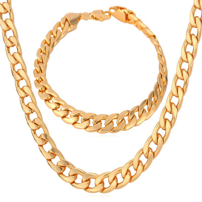 

Party Jewelry Sets Men's Fashion Jewelry Sale Trendy 18K Real Gold Plated 8 MM Wide Chain Bracelet Necklace Set Wholesale