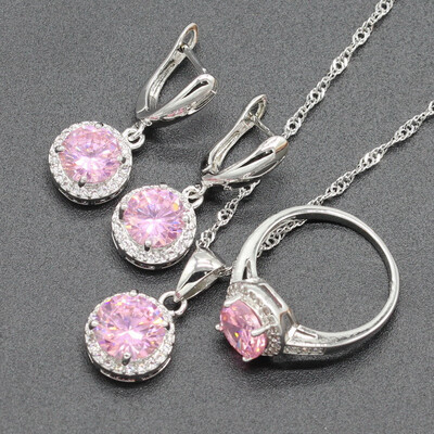 

Round Blue Stone Silver Plated Jewelry Sets for Women Necklace Ring Dangle Earrings Free Jewelry Box