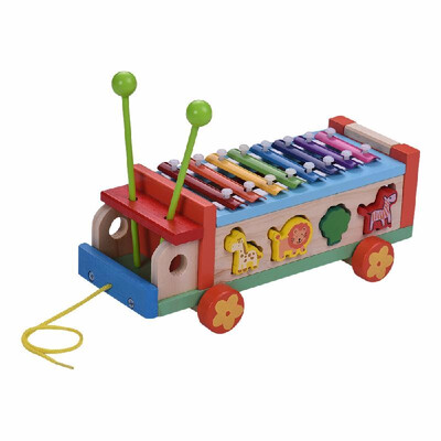 

Multifunctional Wooden Toy Car with 8 Notes Xylophone Glockenspiel 7 Cute Animal-shaped Blocks Percussion Instrument