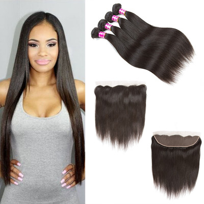 

Glary Brazilian Virgin Human Hair 4 Bundles With Lace Frontal Straight 100 Human Hair Extensions Natural Color Wholesale price
