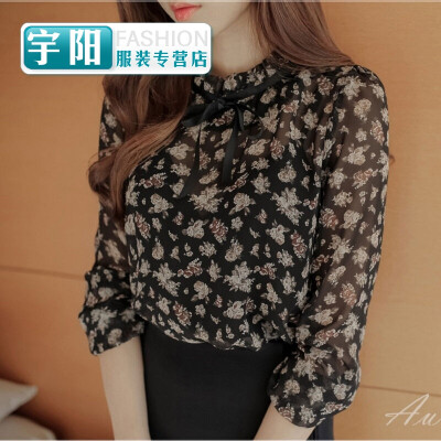 

2017 spring&autumn floral chiffon shirt long sleeve loose Korean version of the chiffon shirt on the womens large size shirt