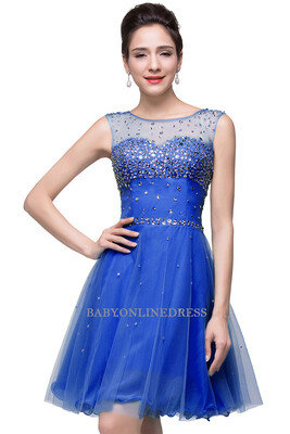 

A-line Sleeveless Crew Short Tulle Prom Dresses with Crystal Beads 2018