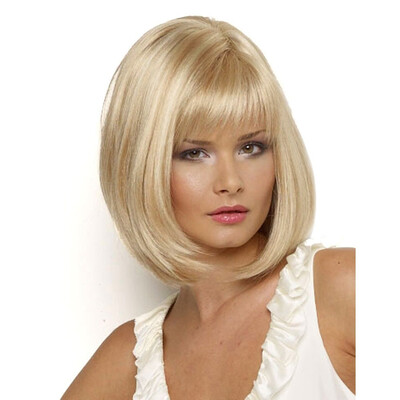 

QianBaiHui Short Straight Wigs with Bangs - Blonde Synthetic Hair Wigs for White Women Fashion Full Wig Wig Cap