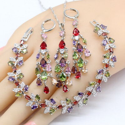 

Multi Color Topaz Silver Color Bridal Jewelry Sets For Women Earrings Necklace Pendant Bracelet