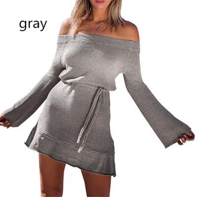 

2018 Womens Long Sleeve Casual One Word Collar Dress Sweater Skirt