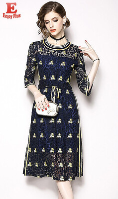

M L XL XXL elegant new autumn summer 2018 women lace midi dress 34 sleeve blue flower slim A line office lady hollow out
