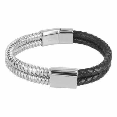 

Elastic Half Band Stainless Steel Cuff Bangle Genuine Leather Bracelet Double Layer 75"